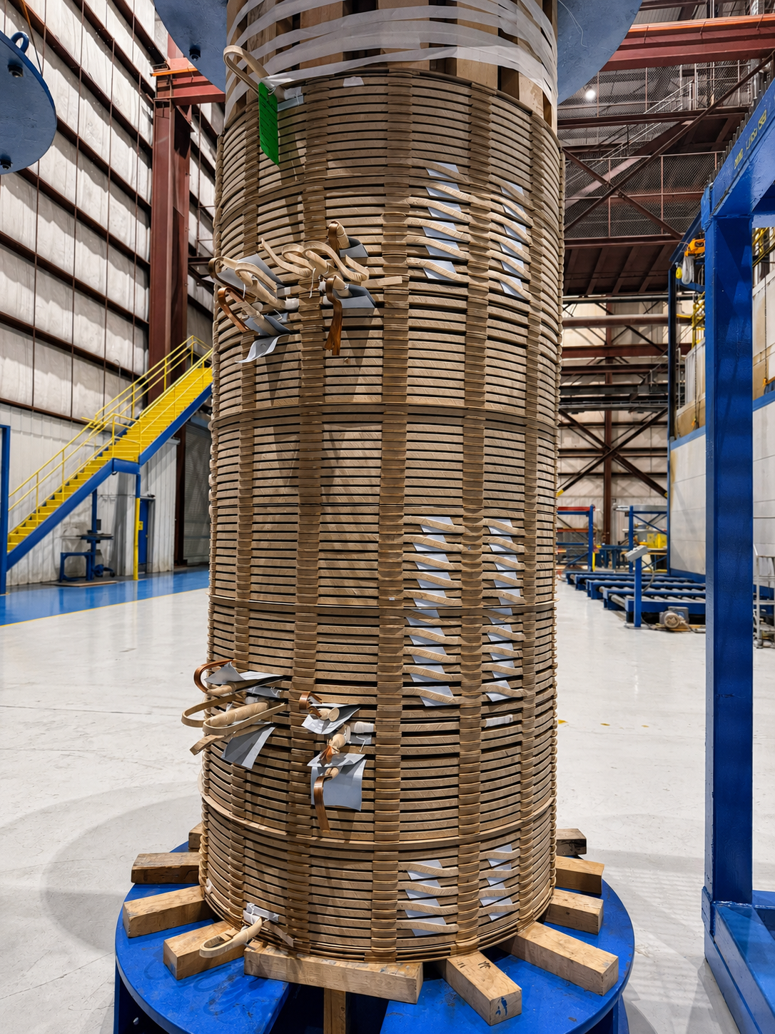 Transformer coil winding inside an American manufacturing facility.