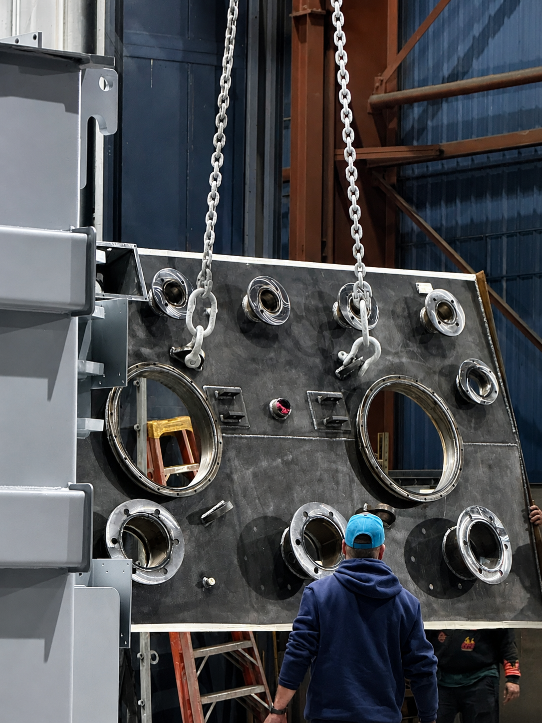 A worker observes a large transformer panel being lifted by overhead chains in a fabrication bay.