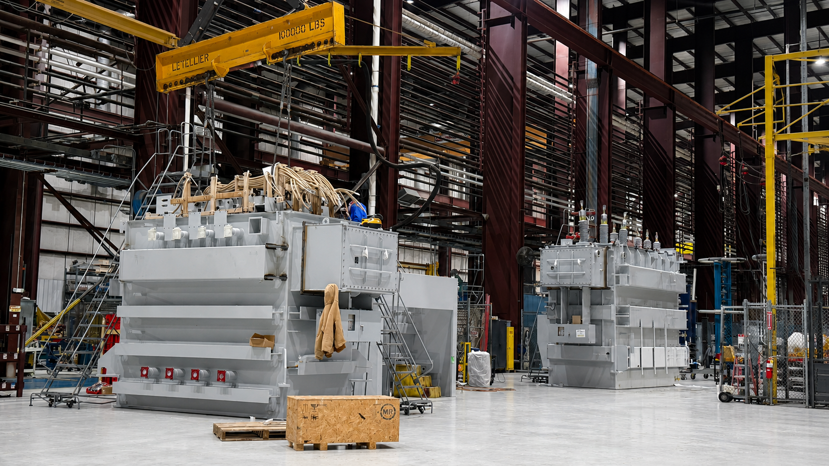 Two completed power transformers staged on a domestic manufacturing floor.