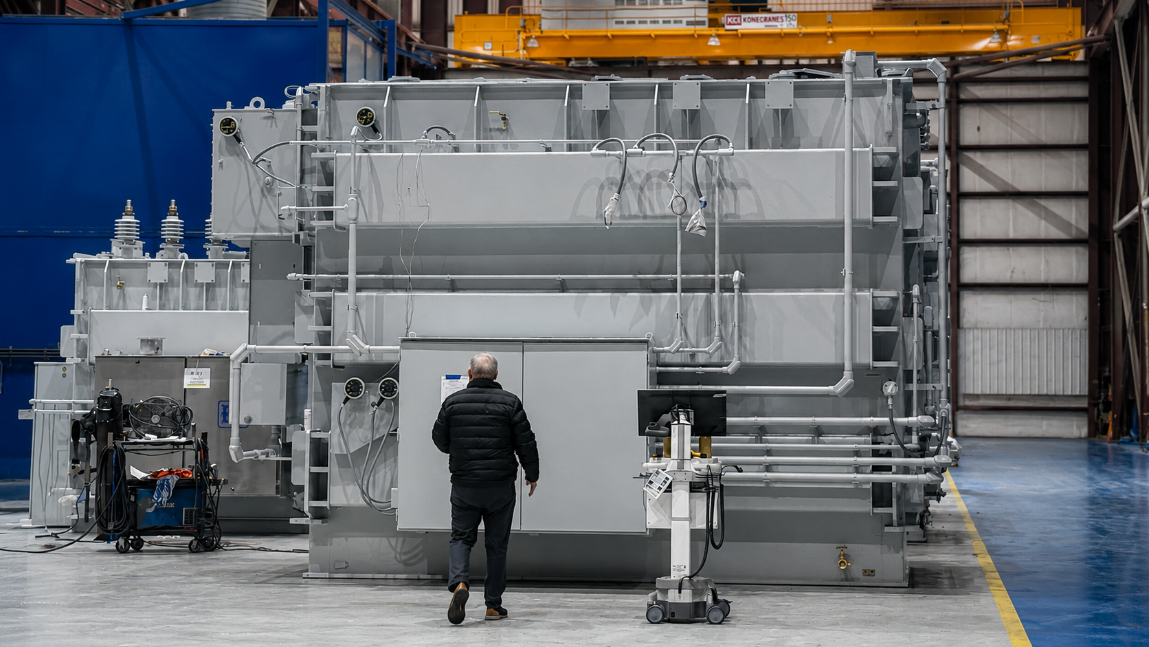A worker walks toward a large custom power transformer on a domestic manufacturing floor.