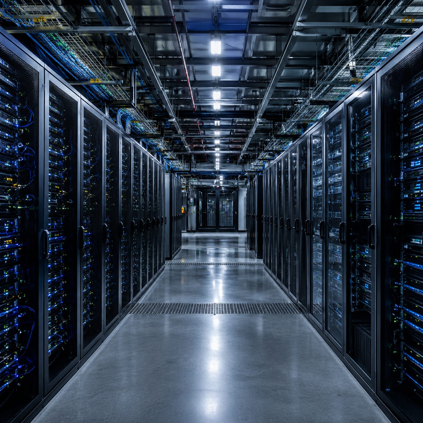 Rows of server cabinets inside a hyperscale data center.