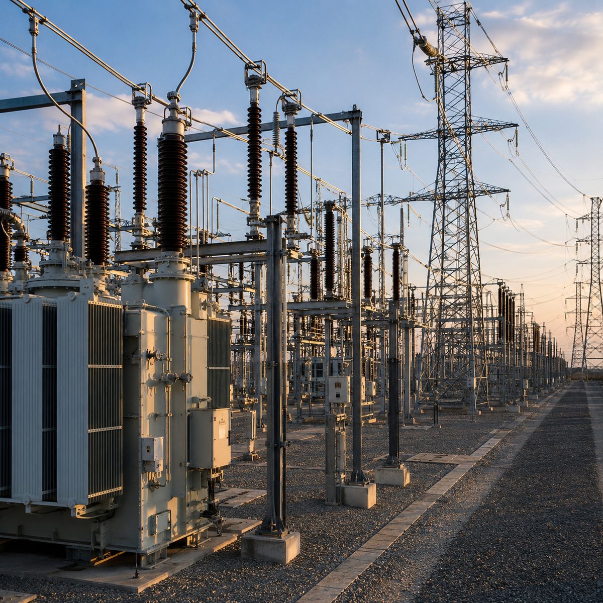 High-voltage substation and transmission towers at golden hour.