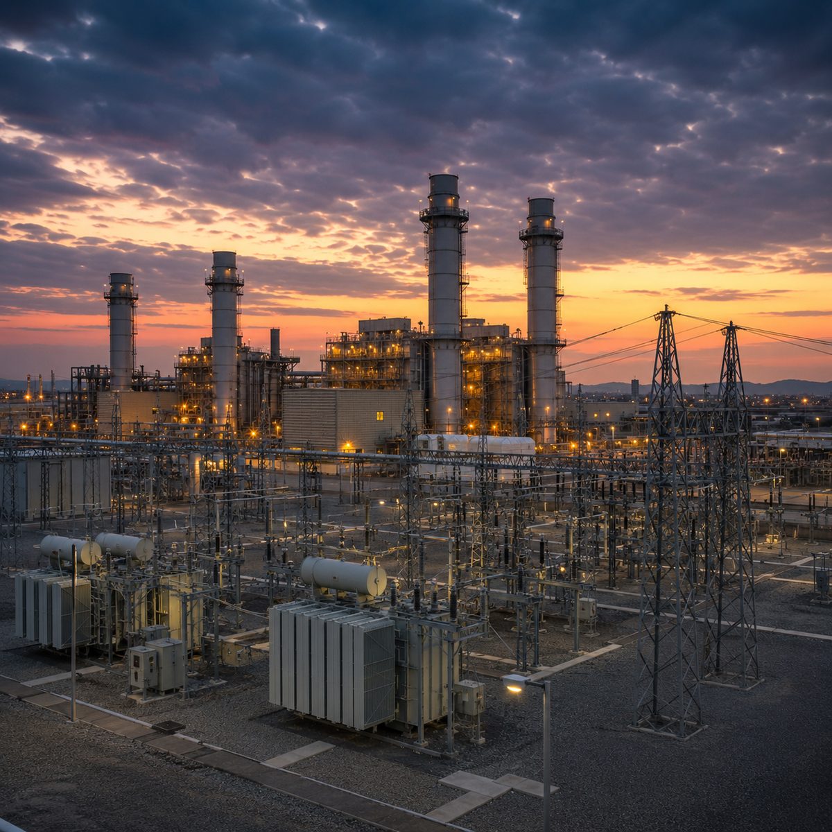 Combined-cycle power plant with transformers at dusk.