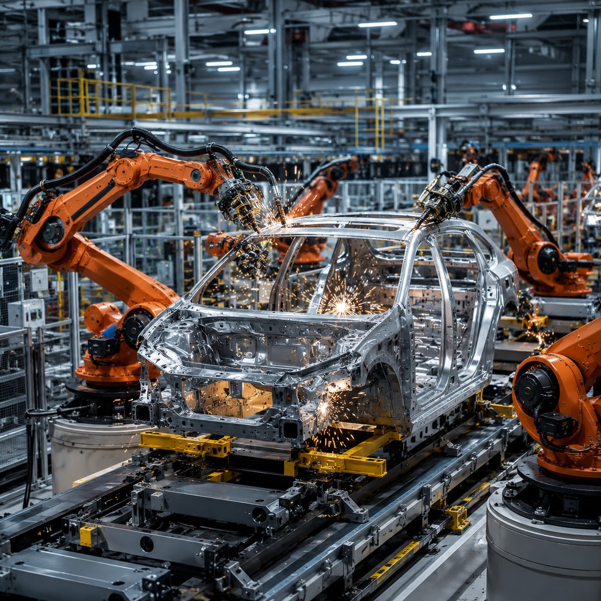 Robotic arms welding a vehicle frame on an automated line.