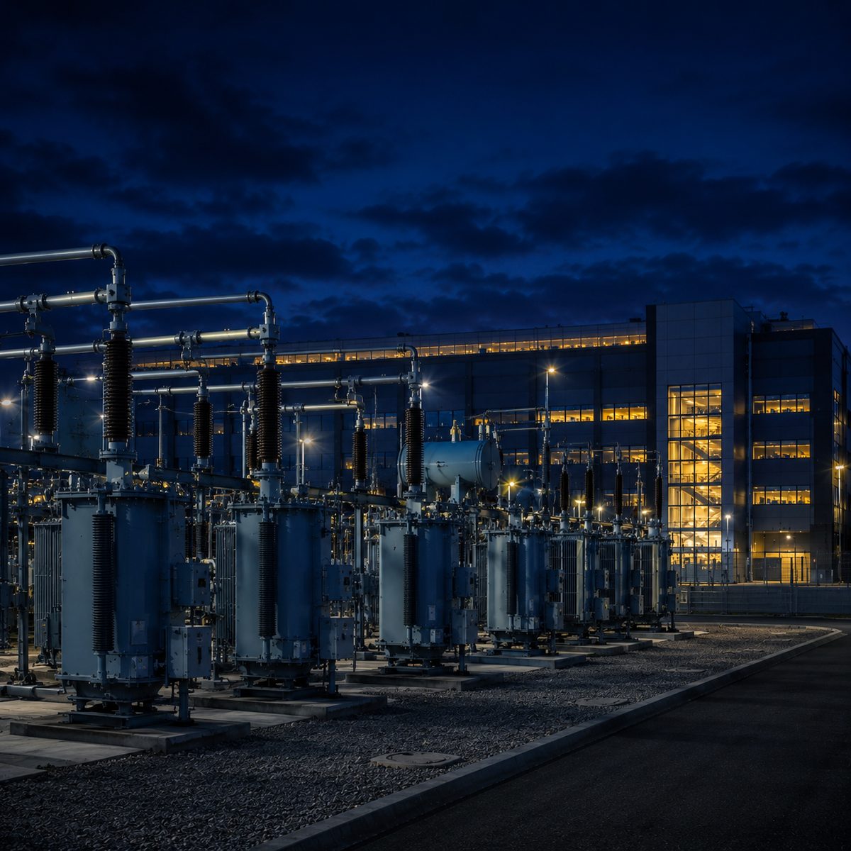 Transformer bank lit at night beside a critical facility.