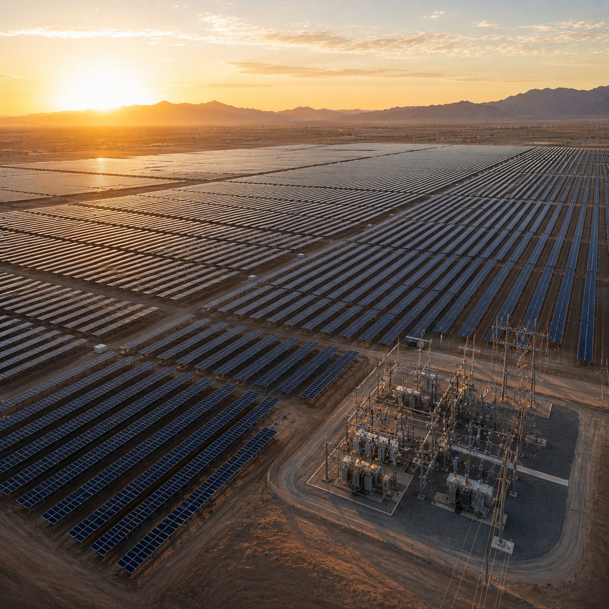Utility-scale solar field with a collector substation at sunset.